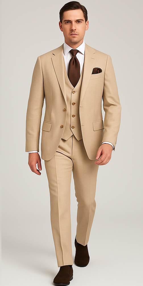 Rossi Man Max RM1391 – Slim Fit 3-Piece Men’s Suit in Solid Beige - 34R