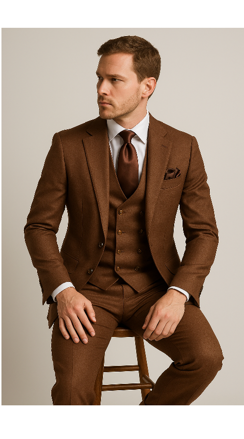 Rossi Man Max RM1392 – Slim Fit 3-Piece Men’s Suit in Solid Brown - 34R