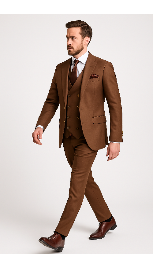 Rossi Man Max RM1392 – Slim Fit 3-Piece Men’s Suit in Solid Brown - 34R