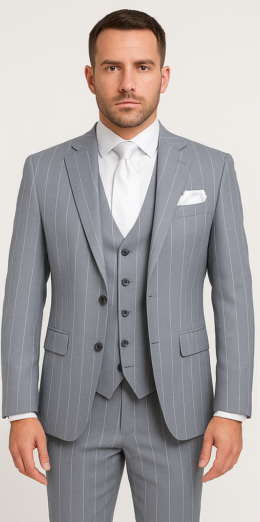 Rossi Man MAX RM1726 Slim Fit 3-Piece Suit – Elegant Grey Pinstripe Formal Suit for Men - 34R