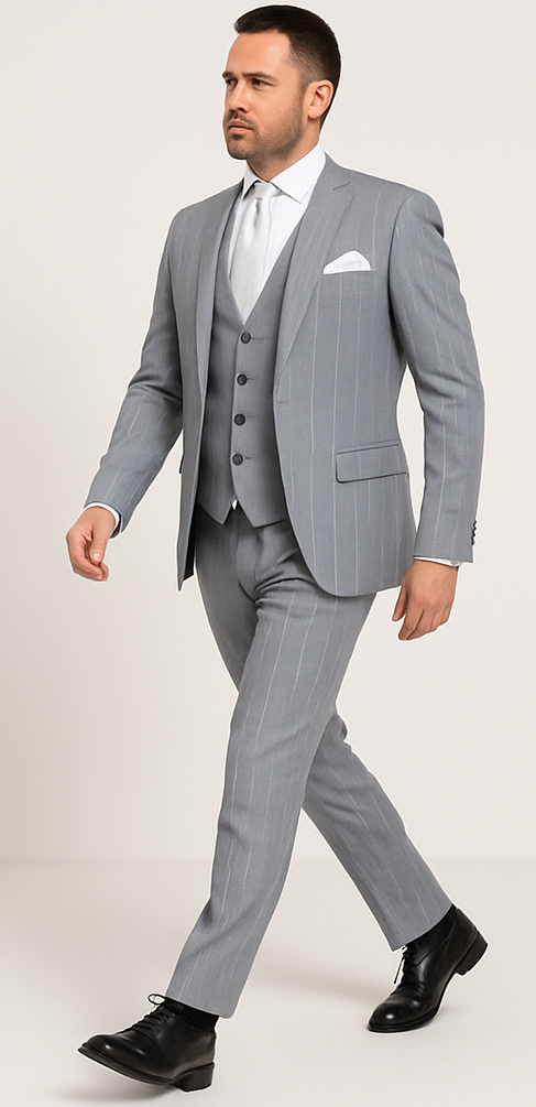Rossi Man MAX RM1726 Slim Fit 3-Piece Suit – Elegant Grey Pinstripe Formal Suit for Men - 34R