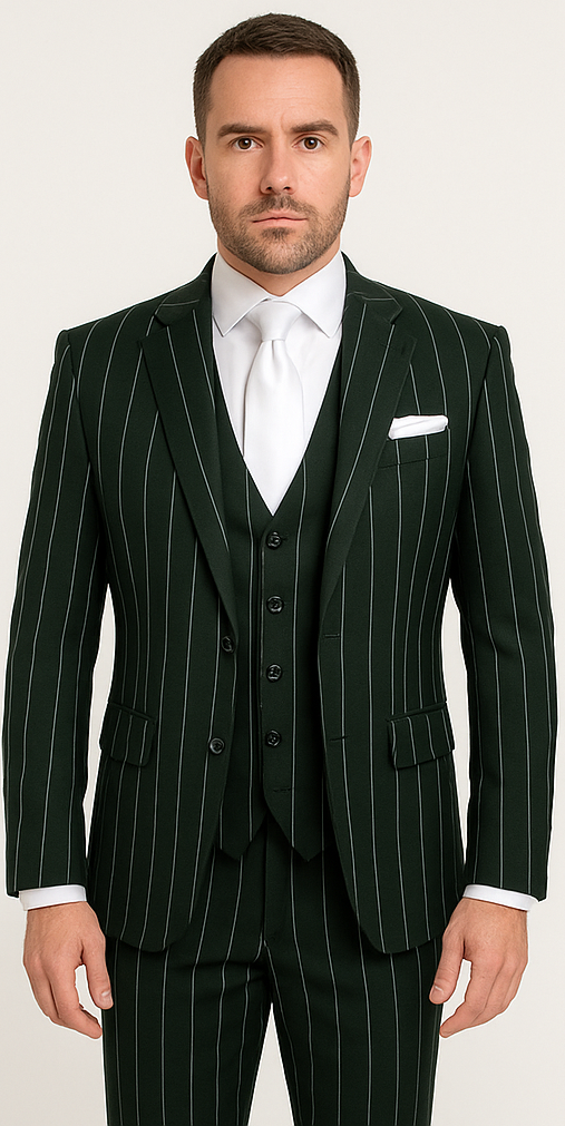 Rossi Man MAX RM1727 Slim Fit 3-Piece Suit – Stylish Tailored Green Pinstripe Suit for Men - 34R