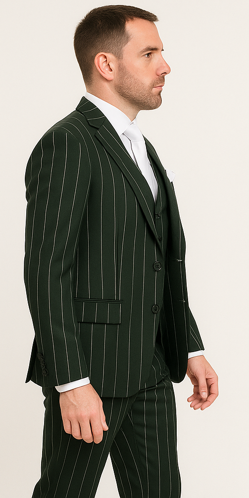 Rossi Man MAX RM1727 Slim Fit 3-Piece Suit – Stylish Tailored Green Pinstripe Suit for Men - 34R