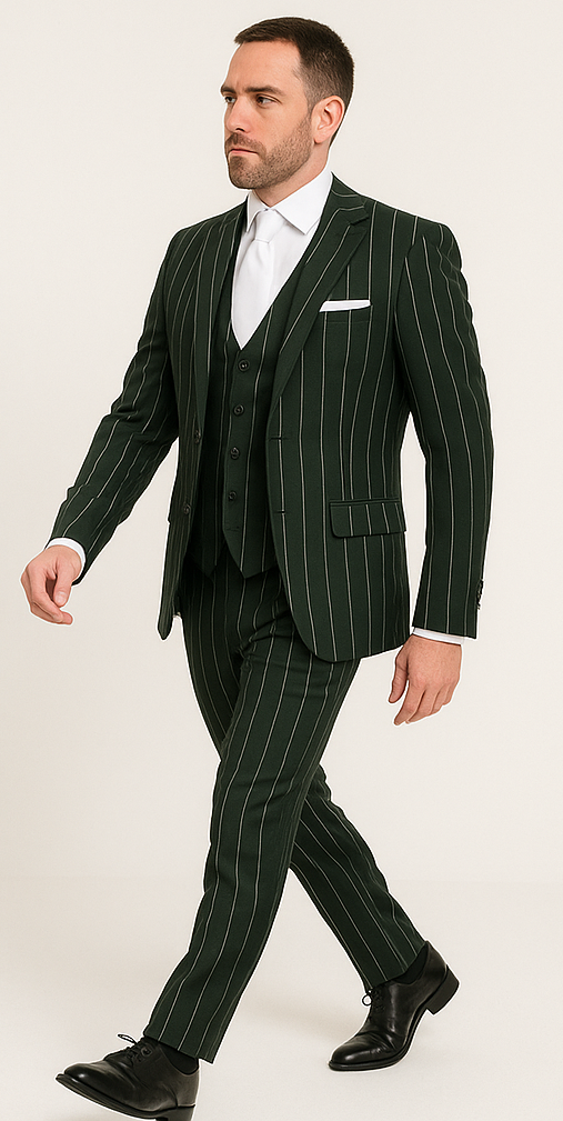 Rossi Man MAX RM1727 Slim Fit 3-Piece Suit – Stylish Tailored Green Pinstripe Suit for Men - 34R
