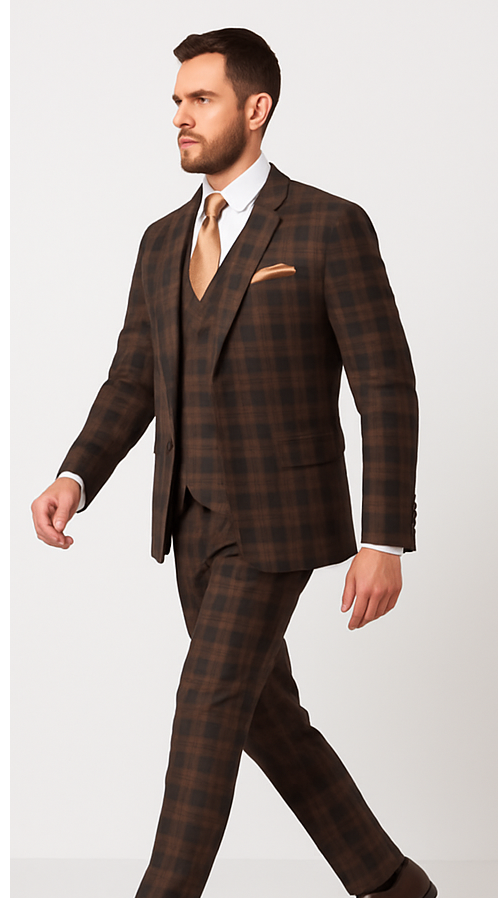 Rossi Man MAX RM1735 Slim Fit 3-Piece Brown Suit – Modern Formalwear for Men - 34R