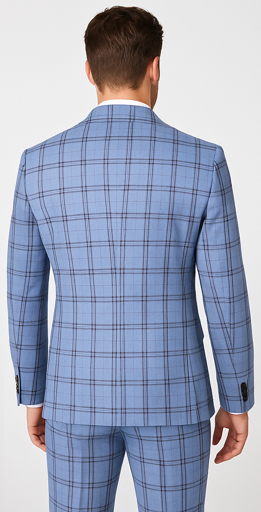 Rossi Man MAX RM1822 Slim Fit 3-Piece Suit – Premium Light Blue & Brown Plaid Formal Suit for Men - 34R