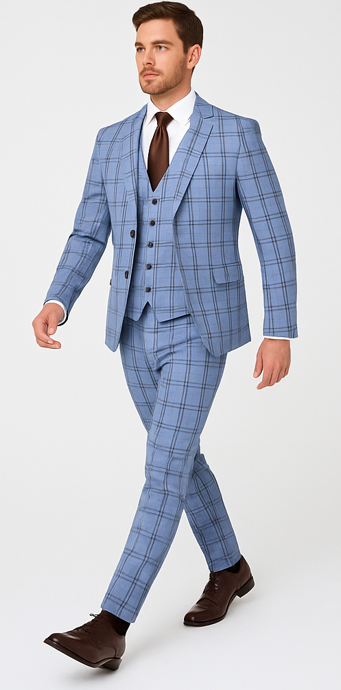 Rossi Man MAX RM1822 Slim Fit 3-Piece Suit – Premium Light Blue & Brown Plaid Formal Suit for Men - 34R