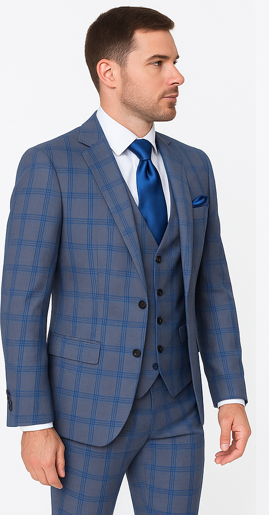 Rossi Man MAX RM1823 Slim Fit 3-Piece Blue Plaid Suit – Tailored for Weddings & Business - 34R