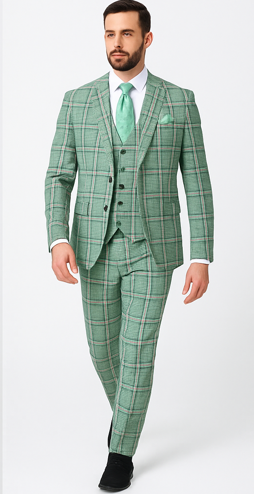Rossi Man MAX RM1825 Slim Fit 3-Piece Mint Green Suit – Modern Formalwear for Men - 34R
