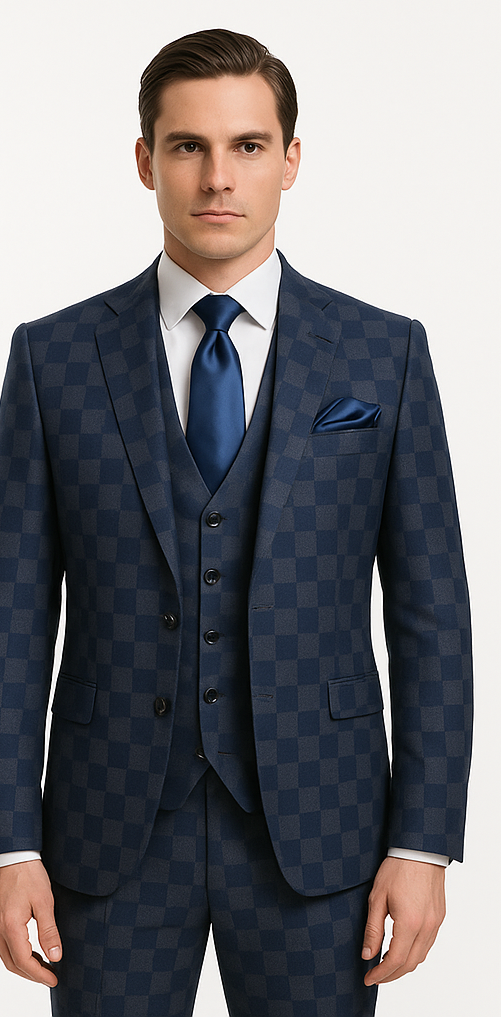 Rossi Man MAX Collection RM1838 – Modern Slim Fit 3-Piece Navy Check Suit for Men - 34R