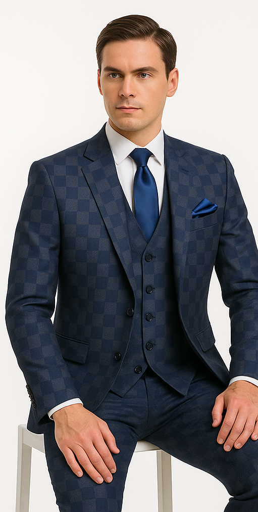 Rossi Man MAX Collection RM1838 – Modern Slim Fit 3-Piece Navy Check Suit for Men - 34R