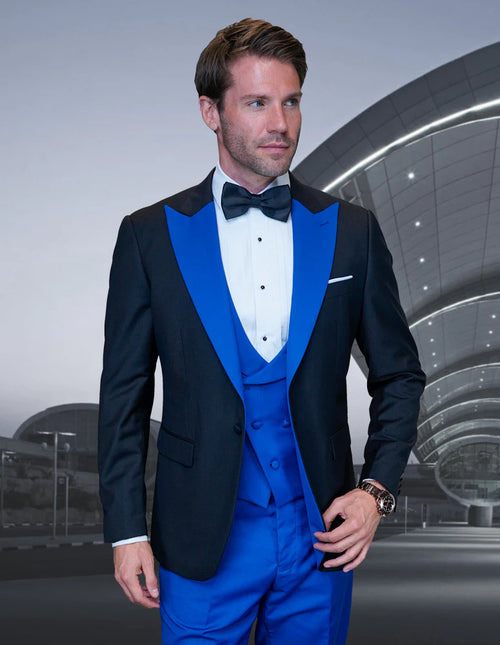 Mens Royal Blue Prom 2026 Tuxedo - Statement Men's Black Vested with Royal Blue Peak Lapel 100% Wool Tuxedo