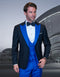 Mens Royal Blue Prom 2025 Tuxedo - Statement Men's Black Vested with Royal Blue Peak Lapel 100% Wool Tuxedo