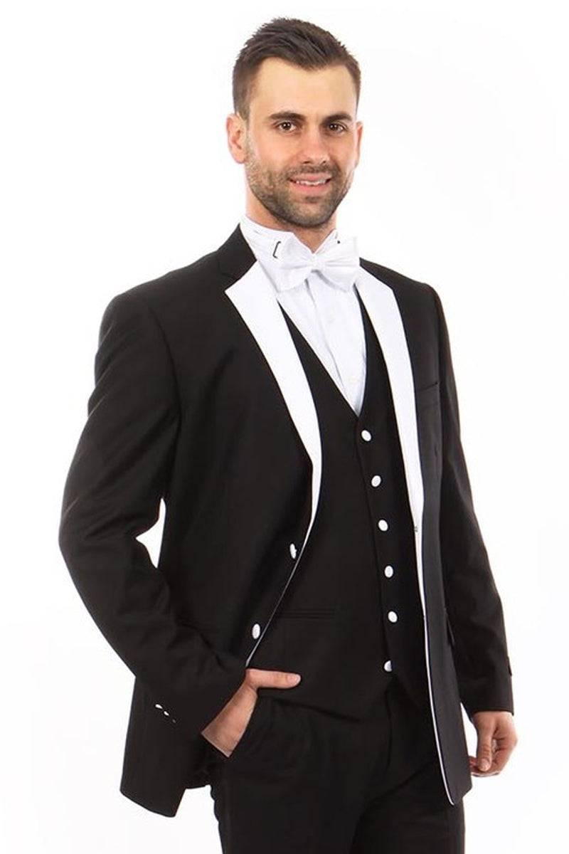 "Classic Men's Two-Button Notch Tuxedo with Vest - Black & White"