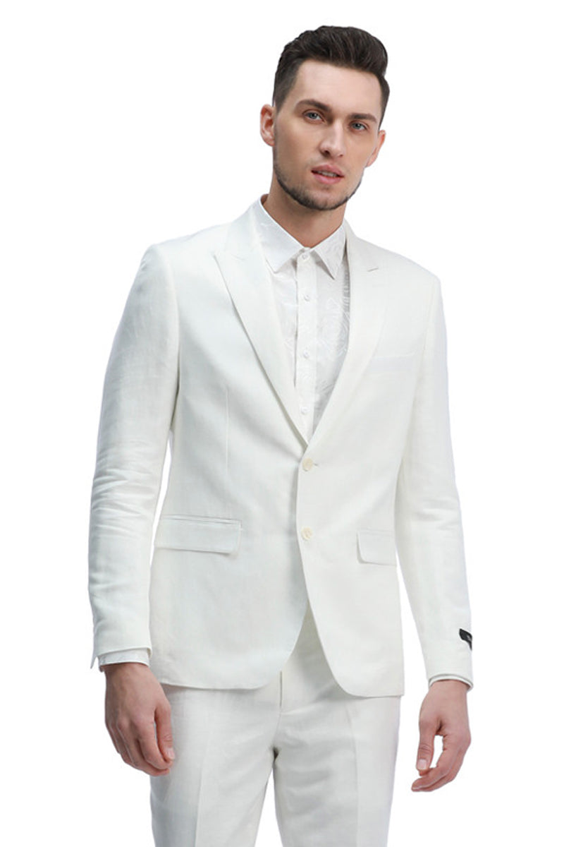 "White Linen Men's Wedding Suit - Two Button Peak Lapel Summer Style"