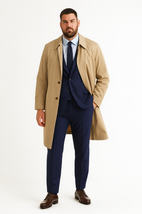 Mens Beige Trench Coat Classic Long Overcoat with Button Front - Raincoat in Khaki Color