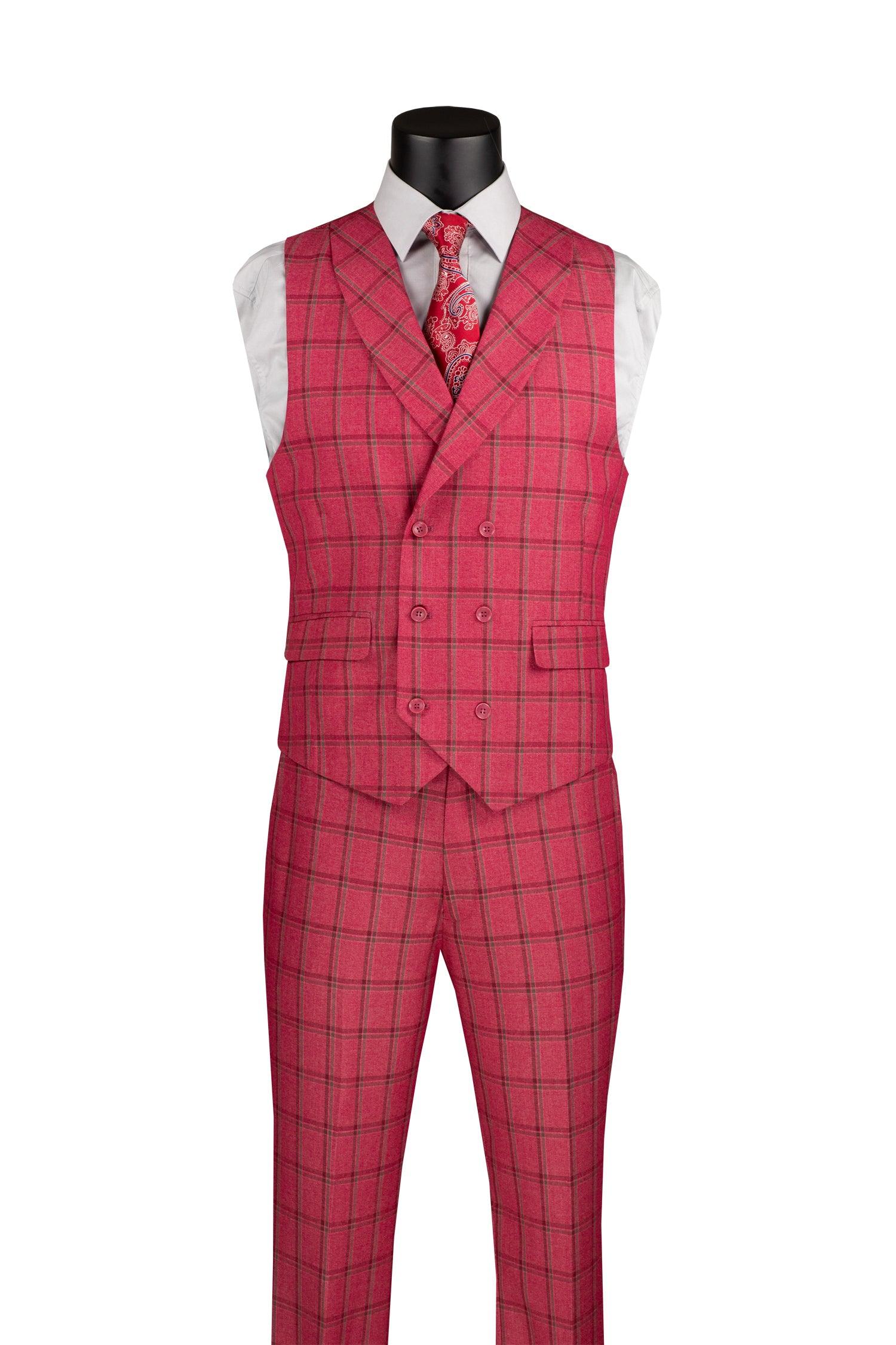 La Scale Collection-Windowpane Three Piece Suit, Raspberry - 36 Short - 30 Waist
