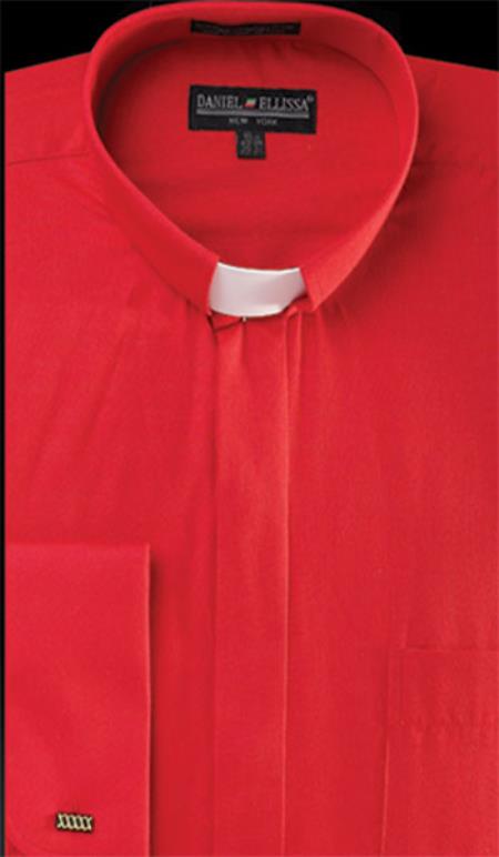 Best Cheap Priced Designer Sale Banded Collar Clergy Preacher Round Style Mandarin Collarless - French Cuff Red Men's Dress Shirt - Small 14.5" Neck / 32-33" Sleeve