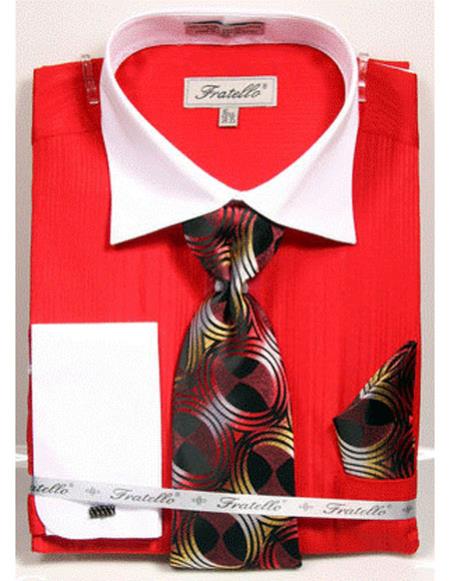White Collared French Cuffed Red Shirt With Tie/Hanky/Cufflink Set Men's Dress Shirt - Small