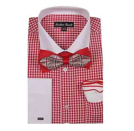 White Collar Two Toned Contrast Blue Gingham Shirt - Checker Pattern - French Cuff - White Collared + Free Bowtie Men's Dress Shirt - 15.5 Neck / 34-35 sleeve