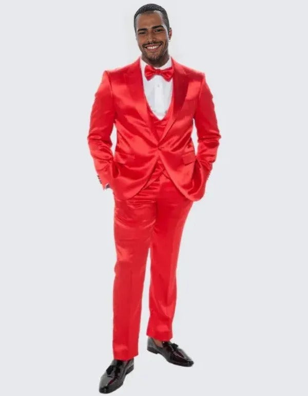 Red Satin Tuxedo Four Piece Set - Wedding - Prom - Coat Size 38