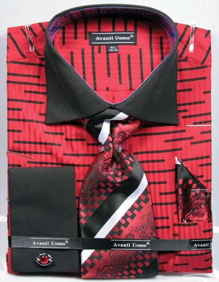 Unique Red Broken Stripe Pattern Two Tone French Cuff Big And Tall Sizes Two Toned Contrast 18 19 20 21 22 Inch Neck Men's Dress Shirt - 22.5" Neck/36-37" Sleeve