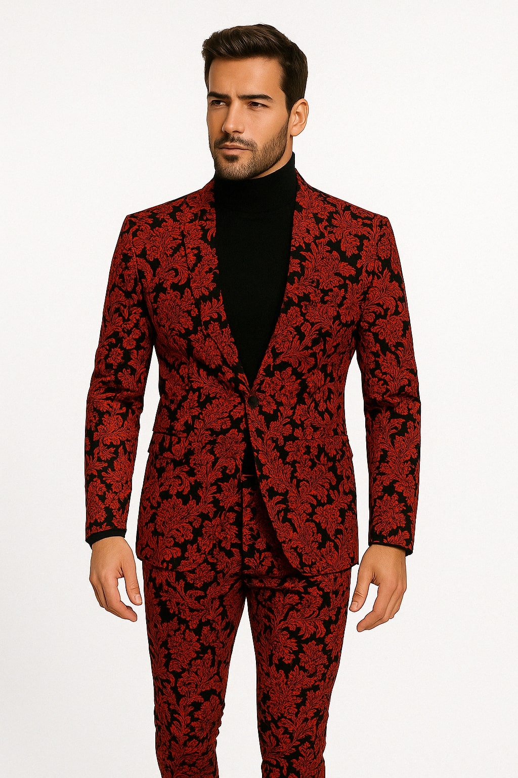 Men's Red And Black Floral Brocade Tuxedo Suit Two Piece Slim Fit Set 34 Short or Extra Small Black And Red Men's Red And Black Floral Brocade Tuxedo Suit Two Piece Slim Fit Set 34 Short or Extra Small Black And Red