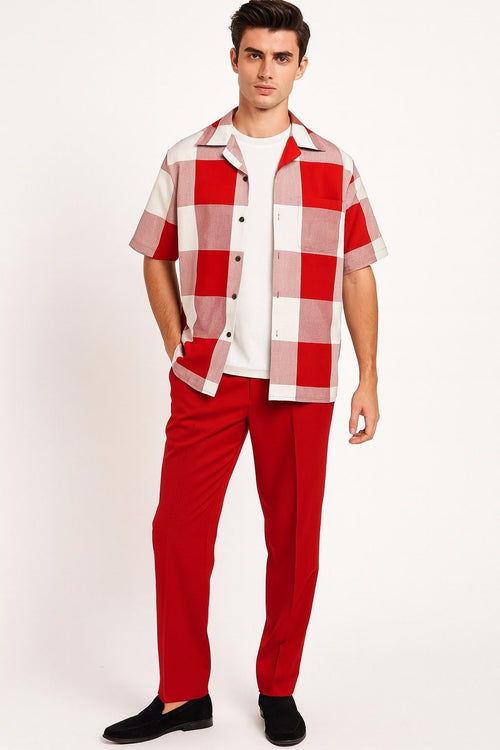 Mens Red and White Checkered Short Sleeve Shirt Set Casual Two-Piece Summer Outfit