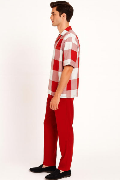 Mens Red and White Checkered Short Sleeve Shirt Set Casual Two-Piece Summer Outfit