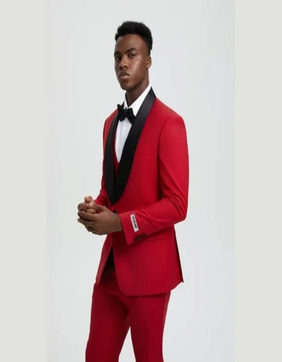 Stacy Adams 3pc Tuxedo Shawl Lapel, Seductive Red - 38 Short Jacket+32 Waist Adjustable 28to34)(Height: 5 4 to5 7 )(Neck 15-16.5)S-M)