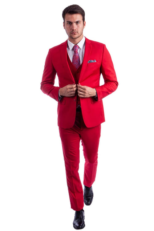 Cheap Priced Suit- Men's Two Button Slim Fit Vested Solid Basic Color Red Suit