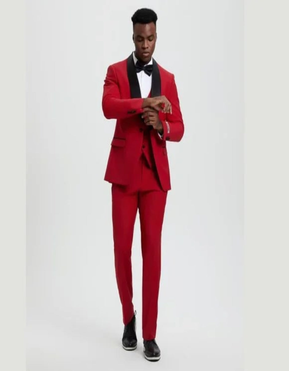 Stacy Adams 3pc Tuxedo Shawl Lapel, Seductive Red - 38 Short Jacket+32 Waist Adjustable 28to34)(Height: 5 4 to5 7 )(Neck 15-16.5)S-M)