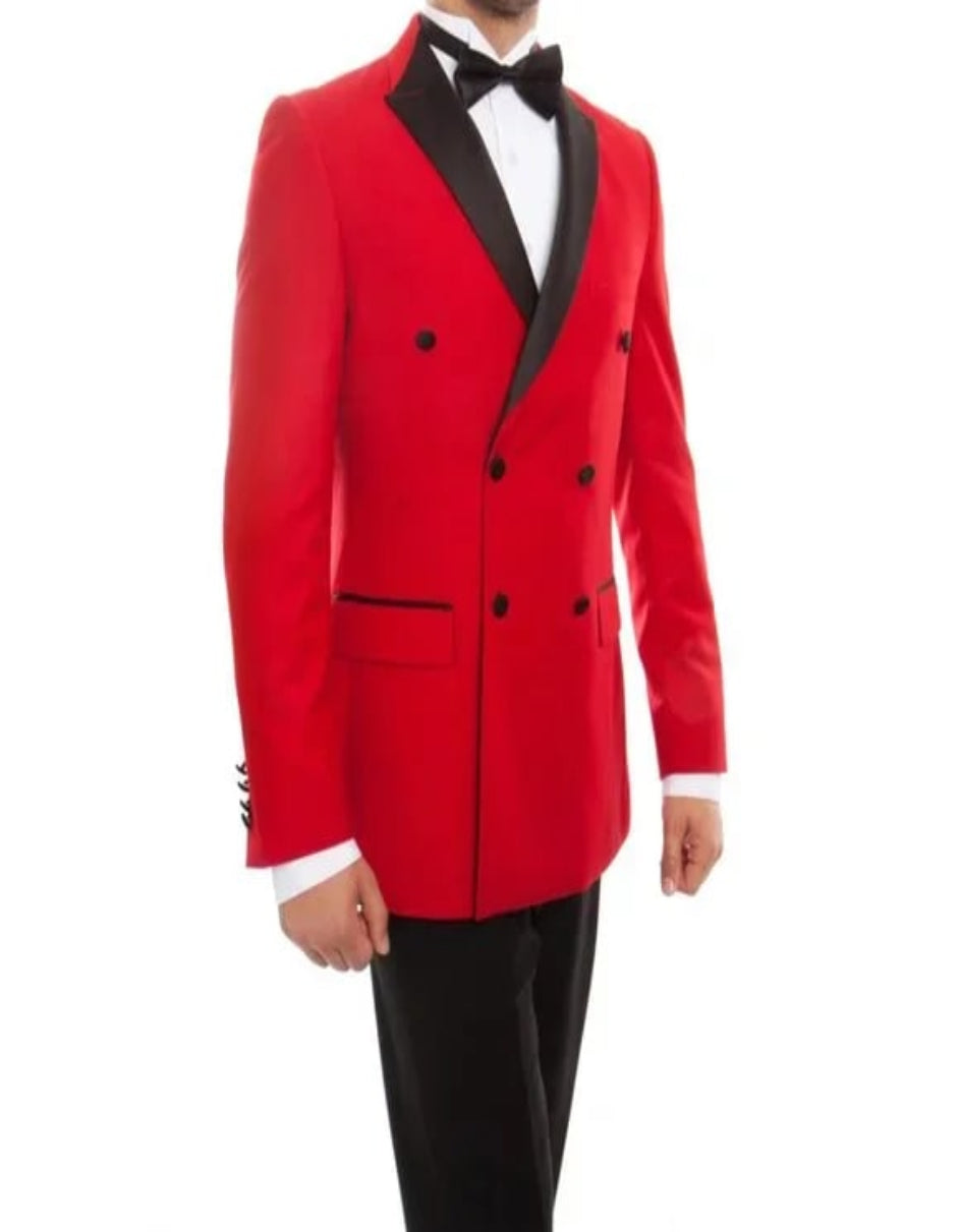 Double Breasted Red Mens Tuxedo w/ Black Pants by Bryan Michaels - 38 Short Jacket+32 Waist Adjustable 28to34)(Height: 5 4 to5 7 )(Neck 15-16.5)S-M)