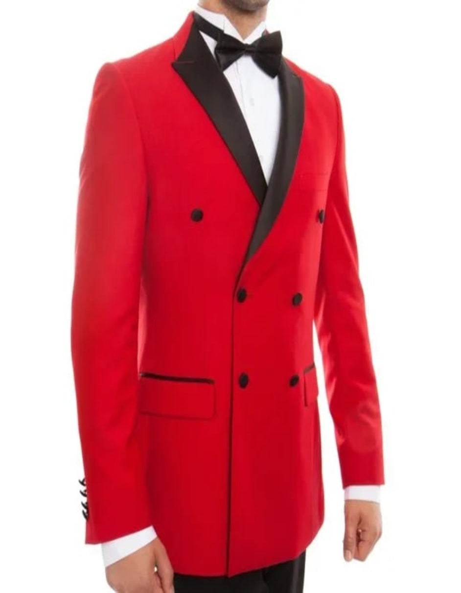 Double Breasted Red Mens Tuxedo w/ Black Pants by Bryan Michaels - 38 Short Jacket+32 Waist Adjustable 28to34)(Height: 5 4 to5 7 )(Neck 15-16.5)S-M)