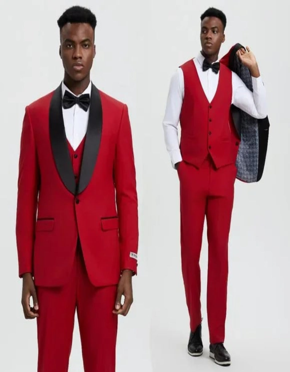 Stacy Adams 3pc Tuxedo Shawl Lapel, Seductive Red - 38 Short Jacket+32 Waist Adjustable 28to34)(Height: 5 4 to5 7 )(Neck 15-16.5)S-M)
