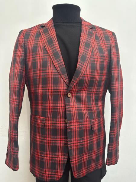 Red Tartan Blazer - Red Plaid Sport Coat - Single Breasted Windowpane Mens Red Blazer - 52 Long