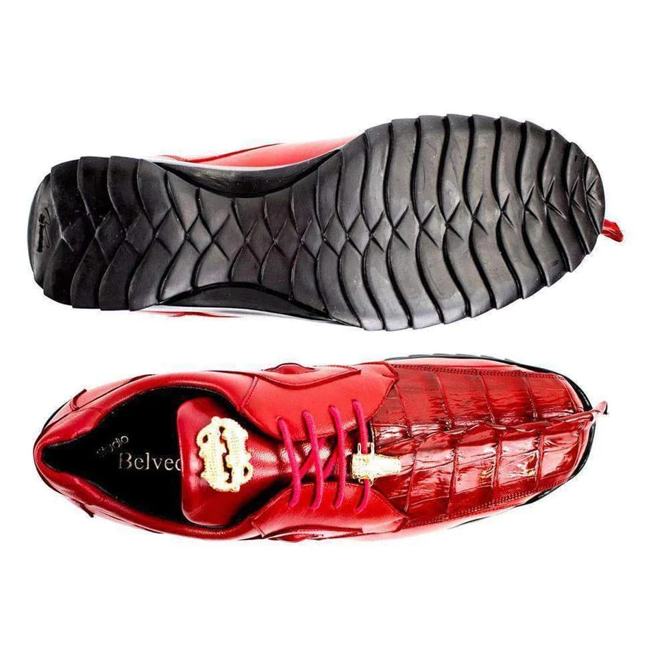 Belvedere Vasco Men's Red Genuine Hornback Crocodile & Soft Calf Sneakers - 8