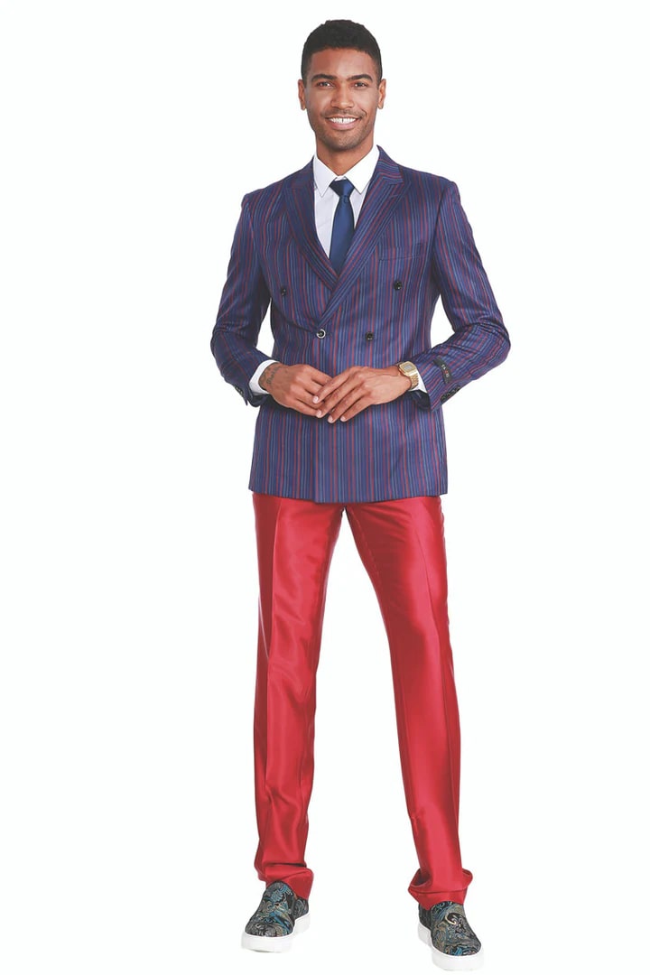 Cheap Priced Suit - Men's Slim Fit Double Breasted Fashion Suit In Navy Blue With Red Pinstripes And Red Satin Pants - 38 Short Jacket+32 Waist Adjustable 28to34)(Height: 5 4 to5 7 )(Neck  15-16.5)S-M)