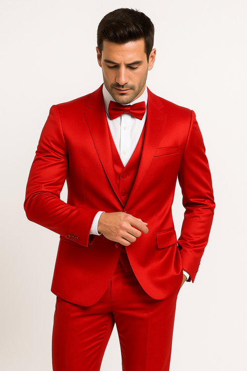 Red Satin Tuxedo Four Piece Set - Wedding - Prom