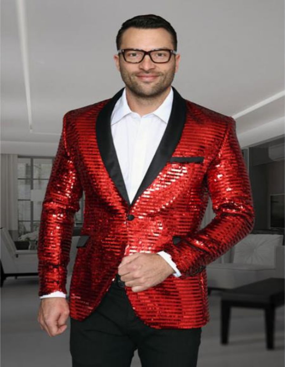 Sequin Tuxedo - Mens Blazer - Red Dinner Jacket - Paisley Shiny Tuxedo Jacket - S