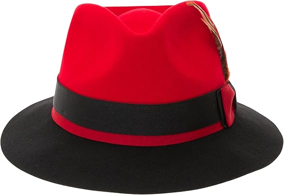 Gangster 100% Austrailian Wool Crushable Mens Fedora Hat - Removable Feather Gangster Red and Black Mens Fedora Hat - Small