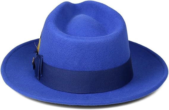 Gangster 100% Austrailian Wool Crushable Mens Fedora Hat - Removable Feather Gangster Royal Blue Mens Fedora Hat - Small