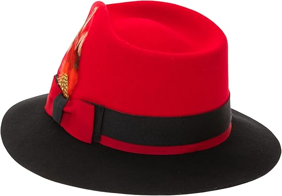 Gangster 100% Austrailian Wool Crushable Mens Fedora Hat - Removable Feather Gangster Red and Black Mens Fedora Hat - Small
