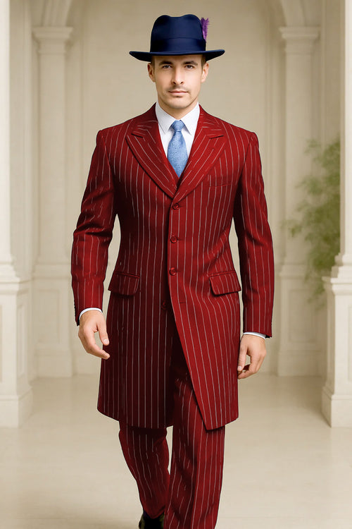 Mens Red Pinstripe Suit Classic Long Coat Style with White Stripes