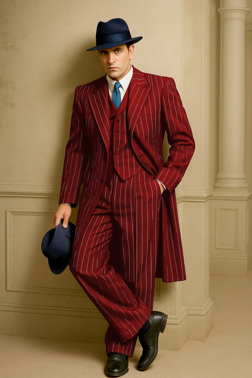 Mens Red Pinstripe Suit Classic Long Coat Style with White Stripes