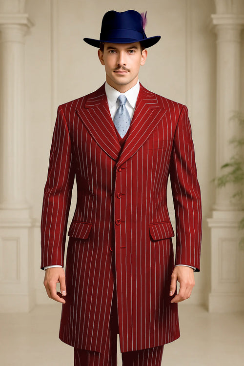 Mens Red Pinstripe Suit Classic Long Coat Style with White Stripes