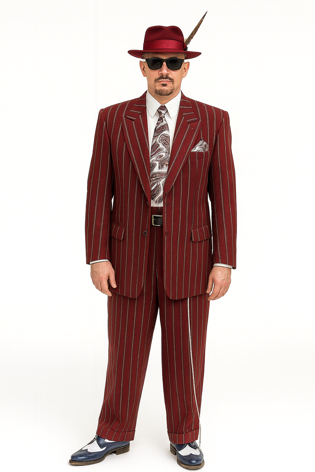 Burgundy Pinstripe Zoot Suit – 3 Piece 1920s/1930s Gangster Outfit (Jacket and Pants and Vest) Vintage Fashion - 34 Short or Extra Small