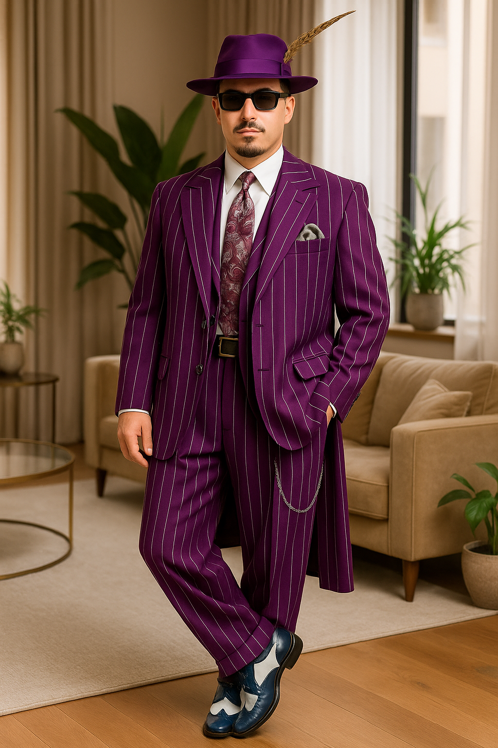 Purple Pinstripe Zoot Suit 3 Piece 1920s/1930s Gangster Outfit (Jacket and Pants and Vest) Vintage Fashion - 34 Short or Extra Small