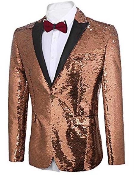 Sequin Tuxedo - Mens Blazer - Rose Gold Dinner Jacket - Peak Lapel Shiny Tuxedo Jacket - 38 Short Jacket+32 Waist Adjustable 28to34)(Height: 5 4 to5 7 )(Neck 15-16.5)S-M)
