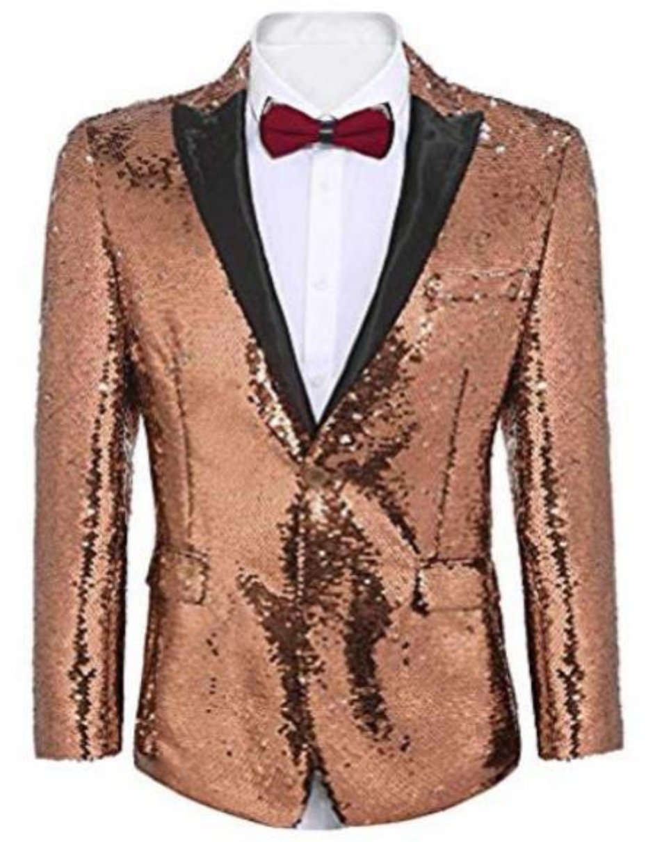 Sequin Tuxedo - Mens Blazer - Rose Gold Dinner Jacket - Peak Lapel Shiny Tuxedo Jacket - 38 Short Jacket+32 Waist Adjustable 28to34)(Height: 5 4 to5 7 )(Neck 15-16.5)S-M)